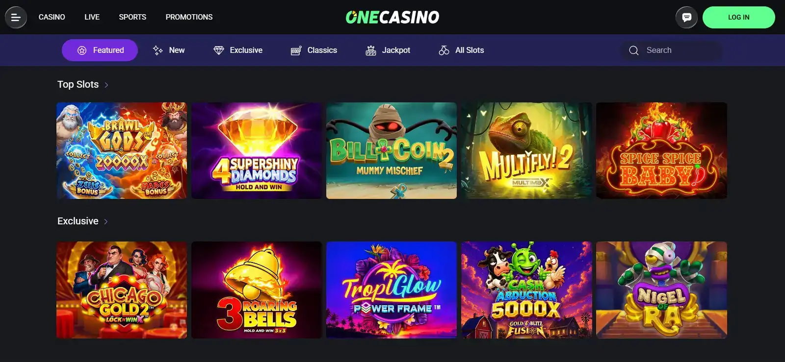 OneCasino proprietary games page showing an exclusive game area and game tiles