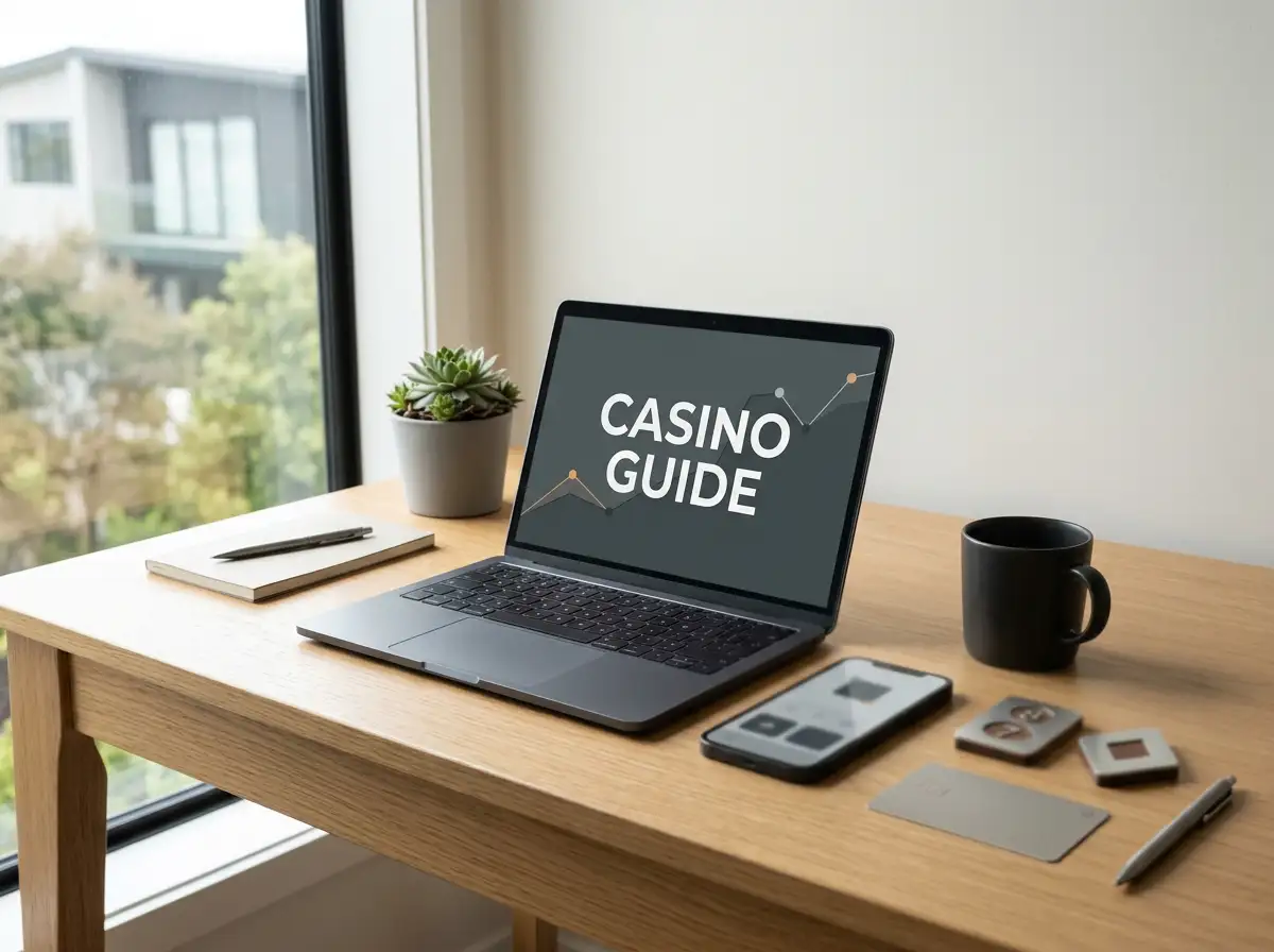 Laptop and phone beside neutral casino-game tiles and a payment card