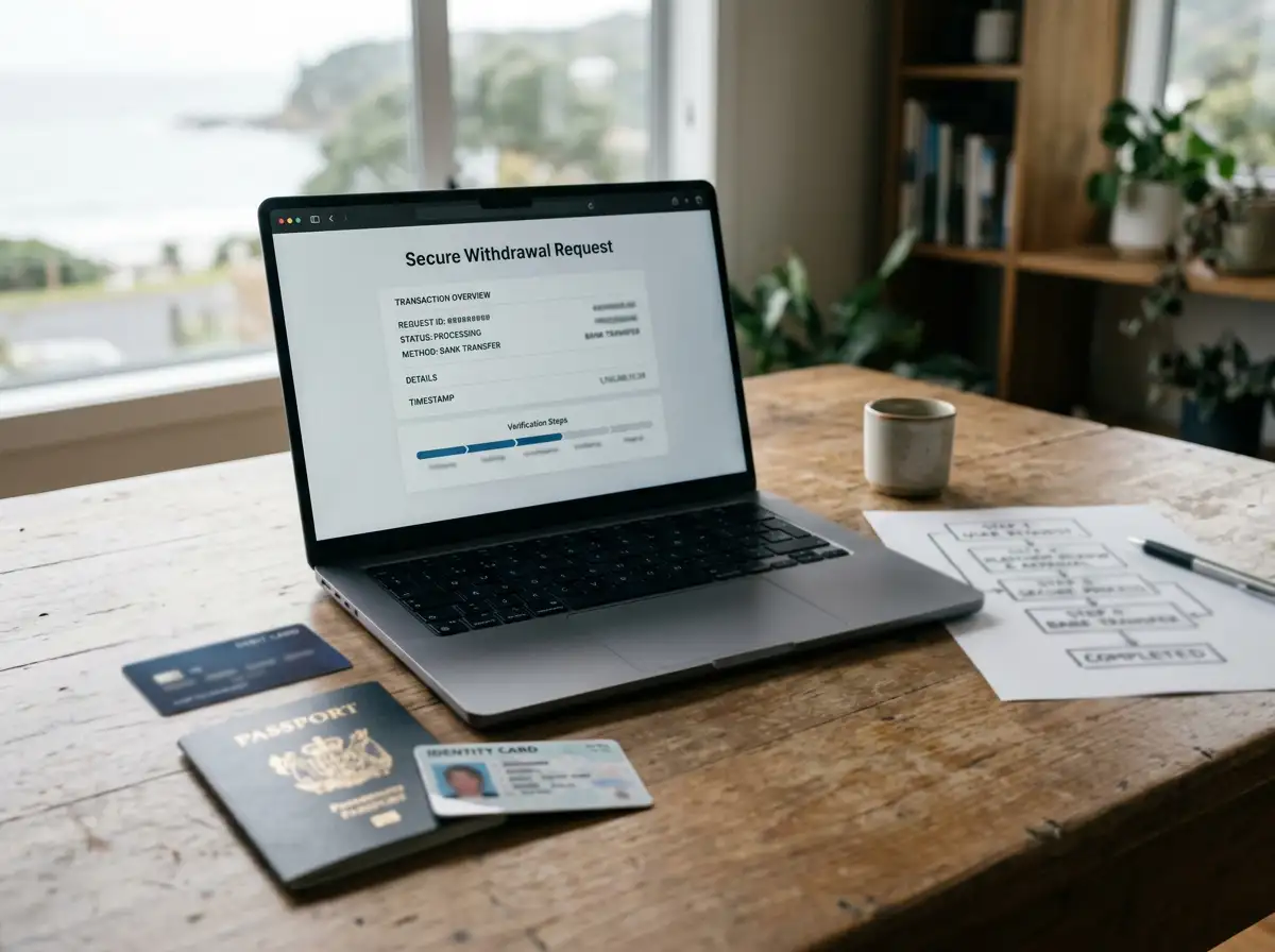 Laptop, bank card and identity documents arranged beside a simple payment-flow diagram
